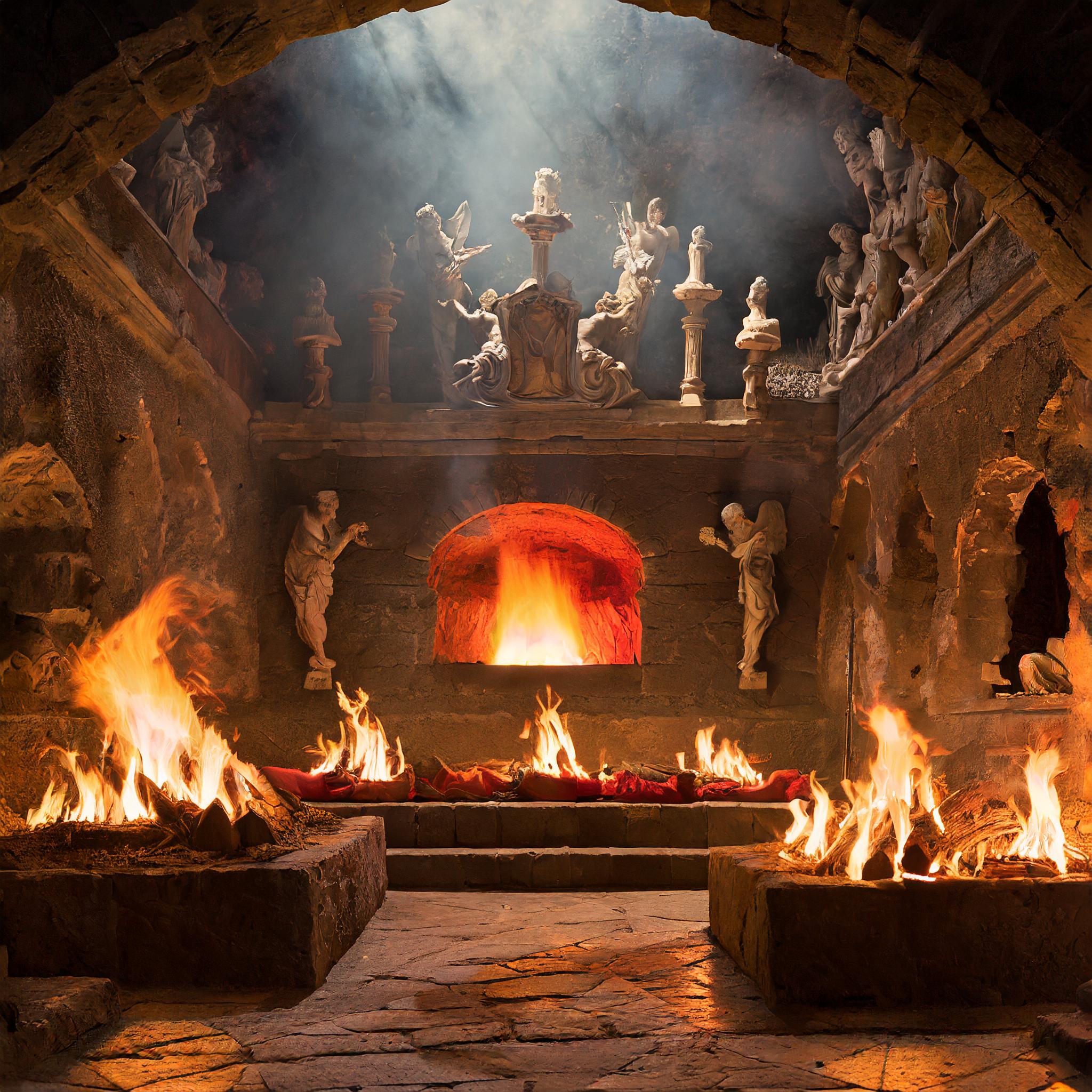 photo of a fire pit in hell with statues adorning the walls made of white stone.